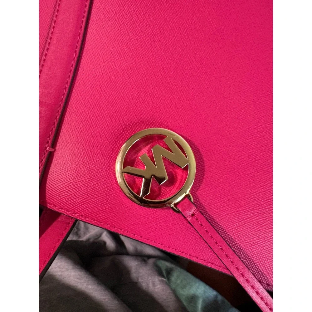 Michael Kors Hot Pink Saffiano Leather Tote Bag Gold Hardware MK Charm Shoulder